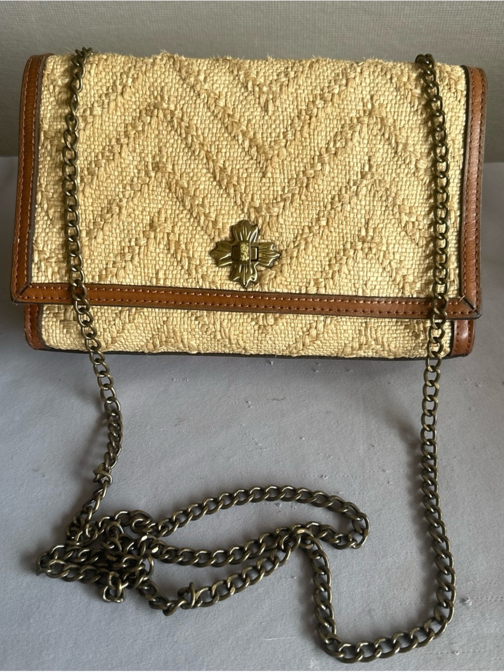 Patricia Nash Woven Straw Crossbody Bag with Chain Strap - Cream